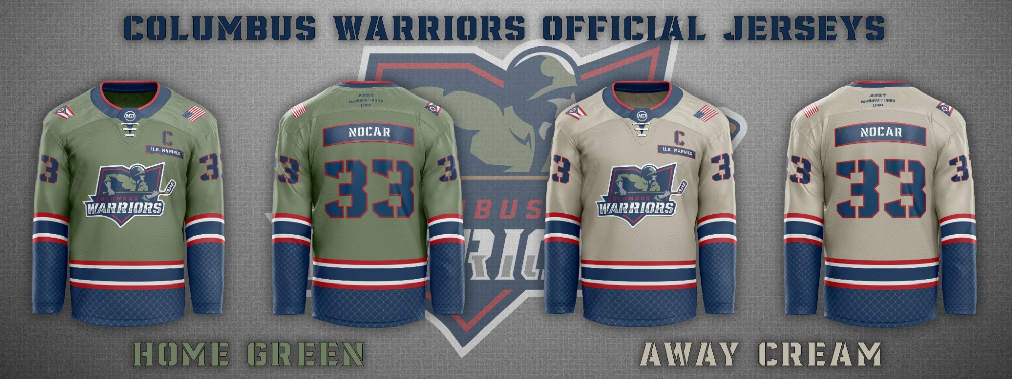 Columbus Warriors official jerseys: Home Green on the left and Away Cream on the right, both with the Warriors crest and a player name and number.